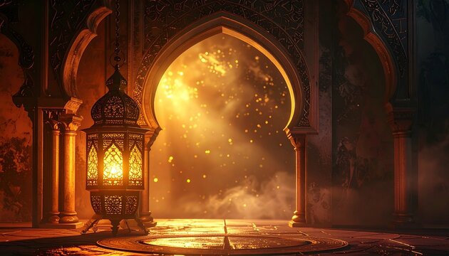Traditional Islamic lantern illuminates classical mosque archway with golden light and mystical ambiance