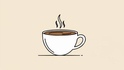 Hot steaming coffee in a white cup with a simple line drawing style.