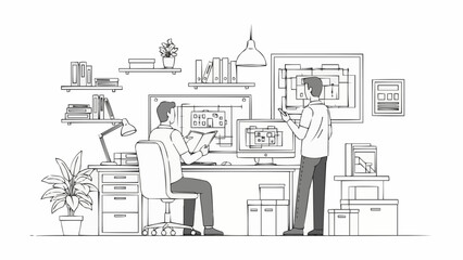 Two architects collaborating on blueprints at a desk in an office.