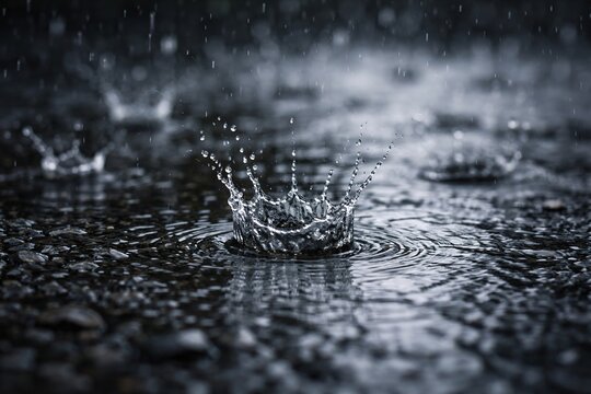 Raindrop Creates a Crown: Splashes of Water on a Grey, Rocky Surface - Powered by Adobe