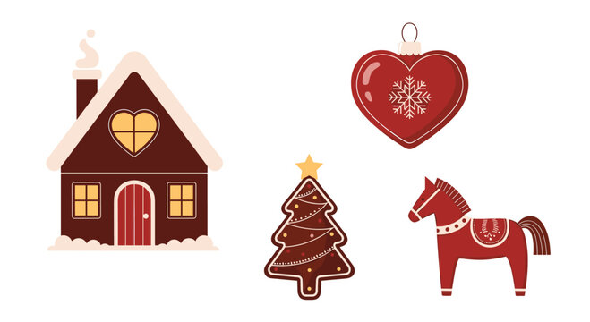 A cozy set of Scandinavian Christmas decorations including a gingerbread house a dala horse and festive ornaments.