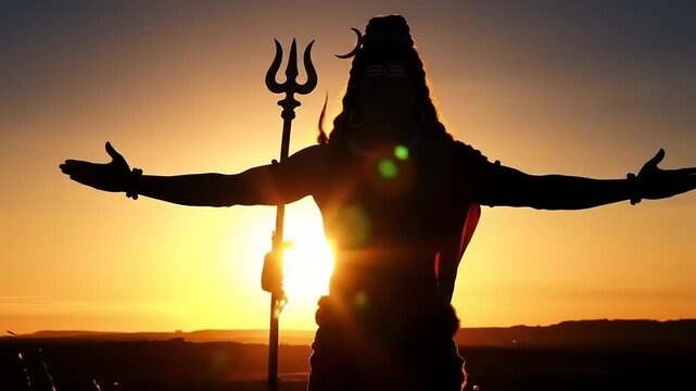 Shiva statue in sunset with silhouette.