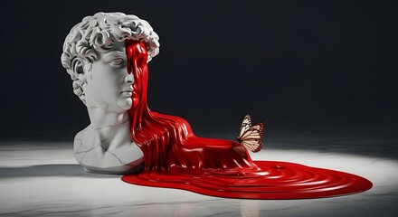 Sculpture of David bleeding red liquid on white surface studio shot