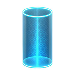 Digital hologram cylinder icon glowing in electric blue neon.