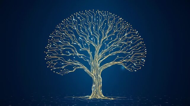 A golden, stylized tree formed from circuit board lines, against a deep blue background