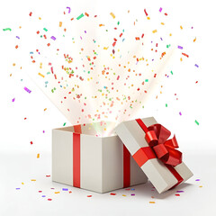 Modern 3D white gift box with red ribbon, lid slightly lifted, minimal design.