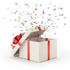 Modern 3D white gift box with red ribbon, lid slightly lifted, minimal design.