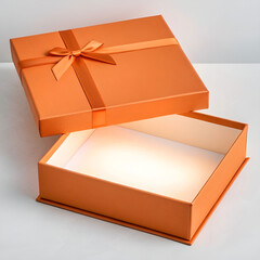 Elegant orange gift box with ribbon, lid hovering above, soft shadows.