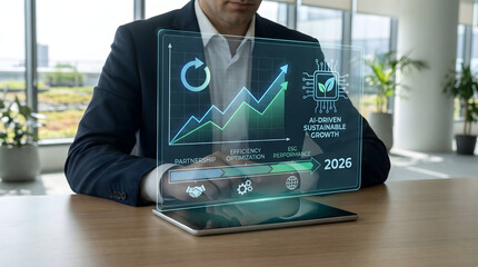 AI-driven sustainable growth concept for 2026 displayed on futuristic tablet hologram
