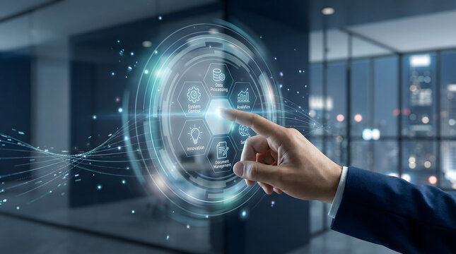 Businessman interacting with system control and data processing hologram on virtual interface - Powered by Adobe