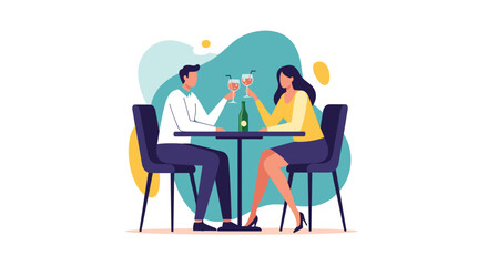 Fototapeta premium Happy couple on a romantic date in a restaurant sitting at a table and toasting with glasses of wine illustration.