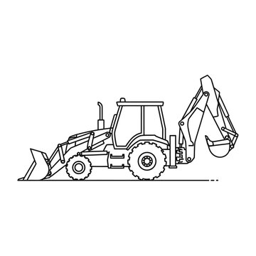 Backhoe Loader Line Art Icon. Construction Digger Outline Illustration. Heavy Equipment Vehicle Vector.