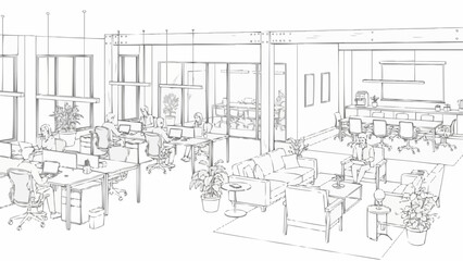 Modern office interior design sketch with workstations and lounge area. © Ceng