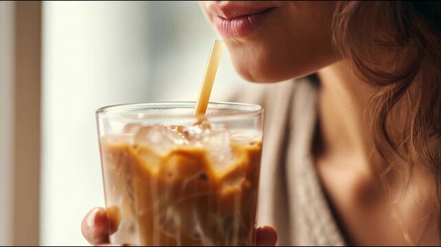 Close up of a young woman enjoying a refreshing glass of cold brew coffee with milk and ice cubes