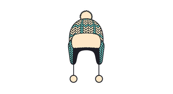 Cozy knitted winter trapper hat with a pom-pom ear flaps and a blue and beige chevron pattern for cold weather.