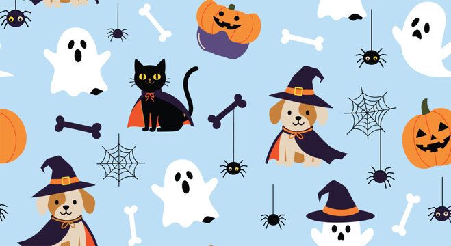 Cute and festive seamless Halloween pattern with cartoon ghosts black cats and dogs in costumes on a blue background.