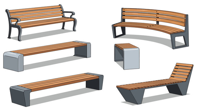 Collection of different park bench and outdoor seating designs made of wood and metal for public spaces and gardens.