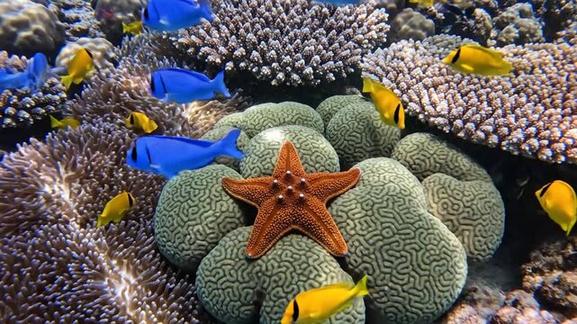 Vibrant Underwater Coral Reef Ecosystem with Starfish and Colorful Fish Swimming