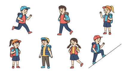 Naklejka premium Group of cheerful children wearing backpacks and hiking gear engaging in outdoor activities like walking, running, and climbing a hill.