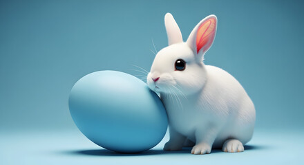 Fototapeta premium Easter bunny with giant blue egg on light blue background