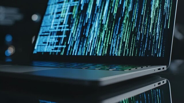 Digital code display on laptop screen: The image showcases a laptop displaying a cascade of digital code, symbolizing technology and data processing. The scene highlights the intricacy of coding.