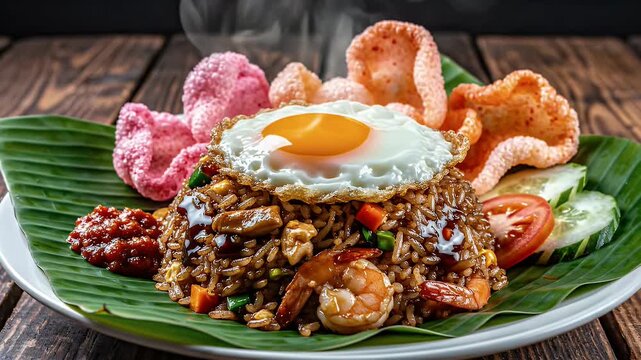 A plate of nasi goreng topped with fried egg and shrimp