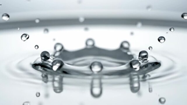 Water Crown Creation: A macro shot captures the captivating moment a droplet meets water, forming a dynamic crown shape, showcasing the elegance of water's interaction.
