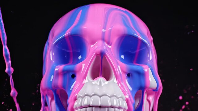 Artistic Skull with Paint Splatter: A vibrant, eye-catching artistic rendition of a skull, adorned with flowing streams of colorful paint, conveying a blend of beauty and the macabre.