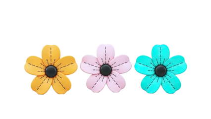 Three stylized flowers in orange, pink, and teal
