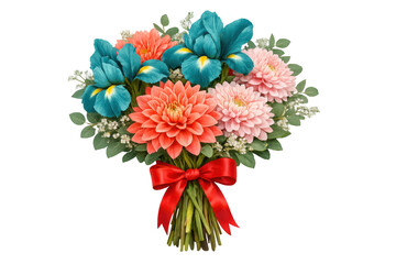 Obraz premium Bouquet of vibrant dahlias and irises with a red ribbon, celebrating special occasions, isolated on transparent background