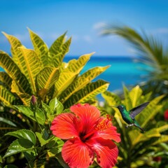 Obraz premium A vibrant tropical flower with a hummingbird in flight, set against a backdrop of lush greenery and a clear blue sky.