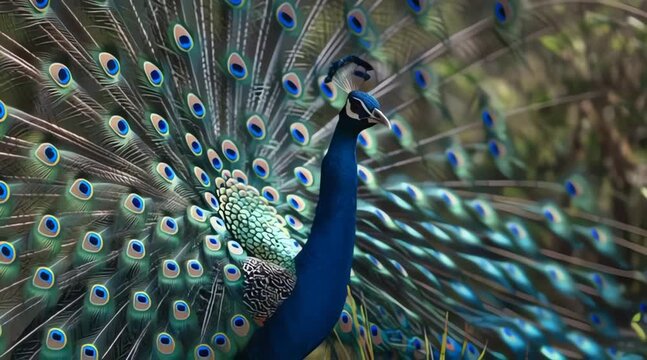 Majestic peacock displaying vibrant plumage in a lush forest, viewed from a low angle, capturing the grandeur of nature