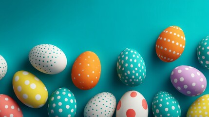 Obraz premium Colorful easter eggs arranged on a bright turquoise background for spring holiday celebration and festive seasonal decoration