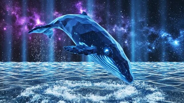 A digital artwork featuring a whale leaping from water, set against a cosmic, star-filled, purple-blue background