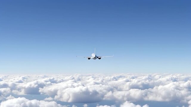 Distant Rear View of Boeing 737 MAX Jet Plane in Sky, Commercial Aviation Aircraft Flying Above Clouds, Passenger Airliner Transportation Travel Concept, Modern Aerospace Technology in Flight.
