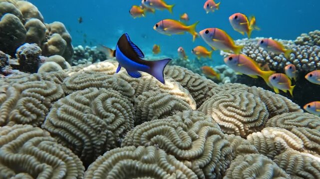 Vibrant Underwater Scene with Colorful Fish Swimming Around a Beautiful Coral Reef