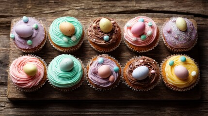 Obraz premium Colorful easter cupcakes decorated with pastel frosting and festive toppings on rustic wooden background for spring holiday celebration