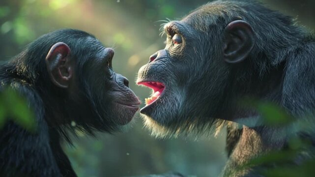 An endearing moment shows two chimpanzees in close proximity, with one gently touching the other's chin with tenderness.