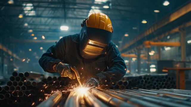 Worker welding metal pipes in a dimly lit industrial environment