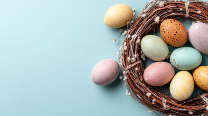 Top view of pastel easter eggs arranged on a wicker wreath with spring decorations on a light blue background for seasonal holiday celebration