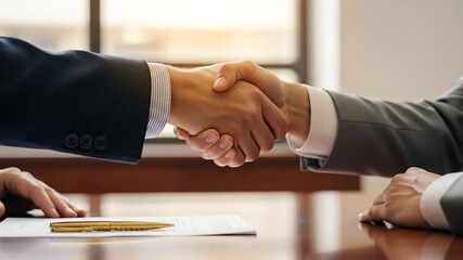 Businessmen shaking hands over a table with a contract and pen, symbolizing a successful partnership agreement in a professional office setting.