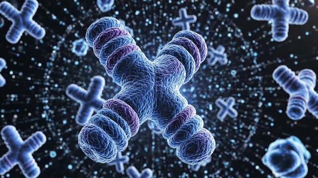 Microscopic illustration of an X chromosome, surrounded by other chromosomes, against a dark backdrop