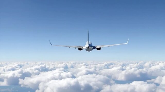 Rear View of Boeing 737 MAX Flying Over White Clouds, Commercial Jet Plane Tail and Wings from Behind, Aviation Industry Aircraft in Sky, Modern Passenger Airliner Transportation, Flight Concept.