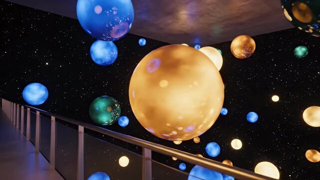 Abstract spheres glowing in a dark void overlooking a mezzanine
