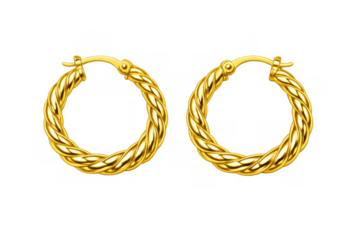 Gold twisted rope hoop earrings, a pair of shiny accessory jewelry for fashion and luxury, transparent background