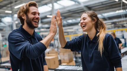 Happy man and woman high fiving, celebrating success in a modern factory warehouse