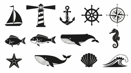 Nautical Icons Collection Featuring Marine Life and Maritime Symbols. © Suci