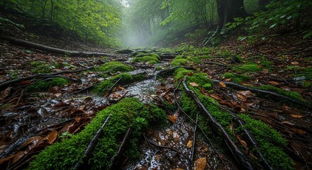Misty forest floor with mossy tree roots and a small stream, captured from a low angle in a lush, green environment.