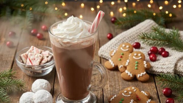 Steaming peppermint hot chocolate with whipped cream and gingerbread cookies on rustic wooden table with festive holiday decorations and bokeh lights