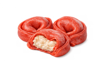 Red tortelloni pasta with ricotta filling, uncooked handmade italian food preparation, gourmet cuisine ingredient